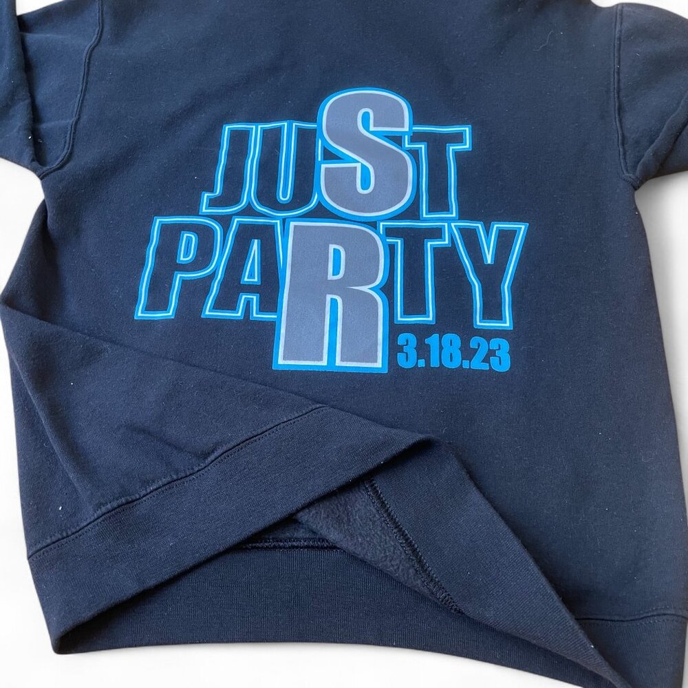 Jerzees NuBlend “JUST PARTY” Graphic Hoodie – Navy Blue, Size S - Picture 7 of 9